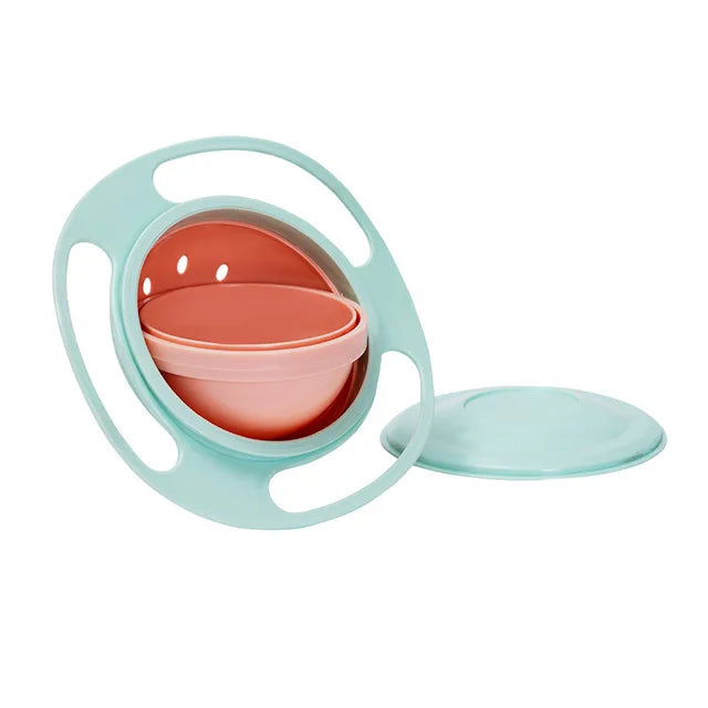 Spill-Resistant Kids Bowl: Gyro Shape with 360-Degree Rotation and Lid