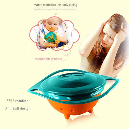 Spill-Resistant Kids Bowl: Gyro Shape with 360-Degree Rotation and Lid