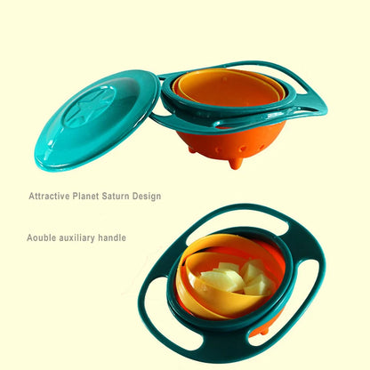 Spill-Resistant Kids Bowl: Gyro Shape with 360-Degree Rotation and Lid