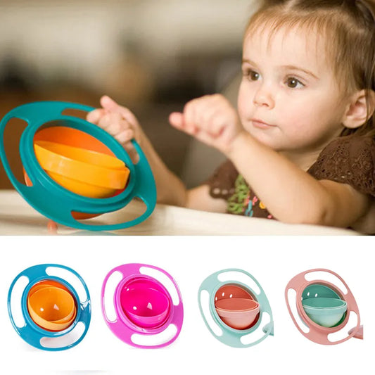 Spill-Resistant Kids Bowl: Gyro Shape with 360-Degree Rotation and Lid