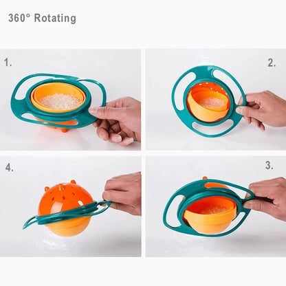 Spill-Resistant Kids Bowl: Gyro Shape with 360-Degree Rotation and Lid